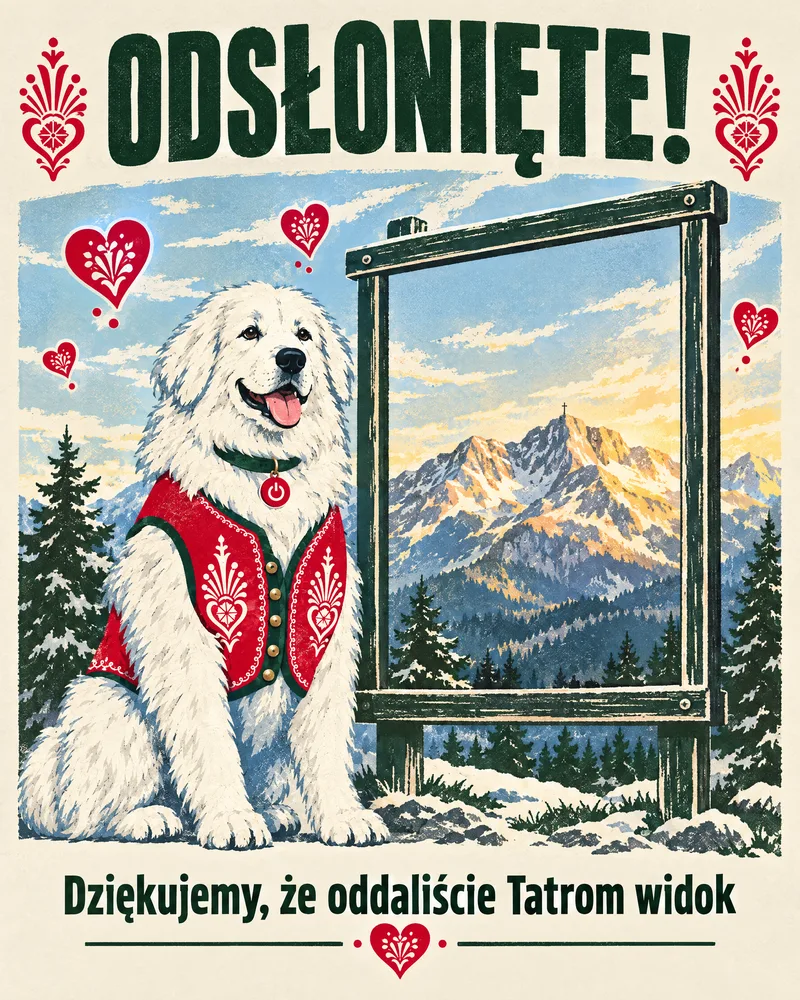Plakat „Odsłonięte! Dziękujemy, że oddaliście Tatrom widok”: OFFczarek siedzi obok pustej ramy billboardu, przez którą widać Giewont.